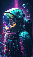 Obraz na płótnie Canvas Astronaut in space suit with little planets and vibrant, neon colors purple, blue and gold, ai.