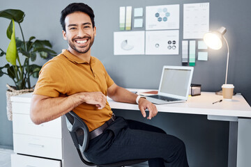 Portrait, workplace smile or happy man, business employee or male agent relax after for creative...