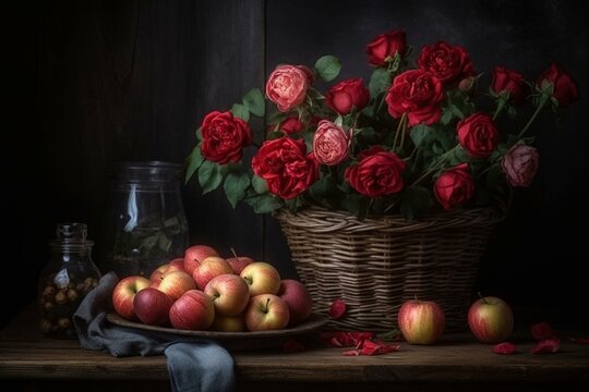 Still life with bouquet of red roses and apples. Generative AI