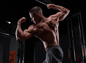 Handsome strong athletic man pumping up muscles, training, bodybuilding concept, muscular...