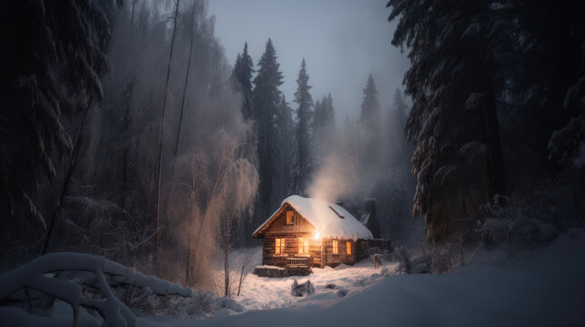 A cozy cabin in a snowy forest smoke rising, Generative AI