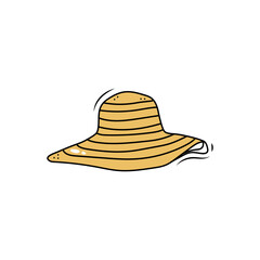 Women's Summer Straw Wicker Wide-Brim Hat, Beach Attribute, Isolated On White Background. Doodle Vector Cartoon Illustration.