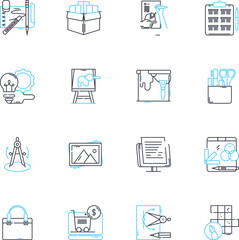 Social ads linear icons set. Targeting, Engagement, Conversion, Clicks, Impressions, Retargeting, Analytics line vector and concept signs. Relevance,Branding,CPC outline illustrations