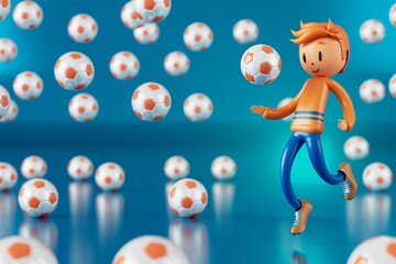 3D boy character football player in soccer action. 3d illustration. sports background concept. men kick motion. sports action person. graphic wallpaper. cartoon game soccer. creative poster layout
