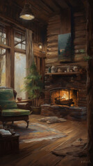 A cozy cabin in the woods warm, Generative AI