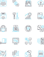 Digital safeguards linear icons set. Encryption, Firewall, Password, Malware, Cybersecurity, Privacy, Authentication line vector and concept signs. Antivirus,Biometrics,Firewall outline illustrations