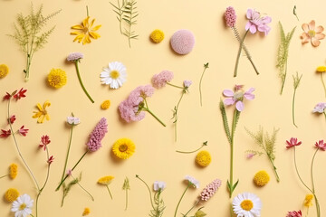 Flat lay natural concept, fresh spring field flowers and pastel yellow background. Herbarium flowers. Illustration, Generative AI.