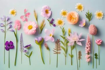 Flat lay natural concept, fresh spring field flowers and pastel blue pink background. Herbarium flowers. Illustration, Generative AI.
