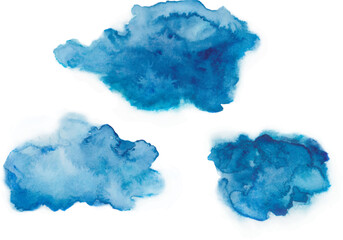 Blue abstract watercolor splashes set. Hand drawn illustration isolated on white background. Vector EPS.