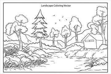Coloring page for kids with landscape theme