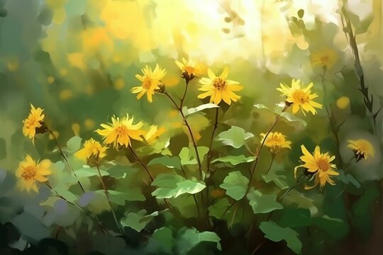 Yellow Star Thymophylla, yellow flowers in nature summer background Illustrations creates an impressionist style of painting. Generative AI