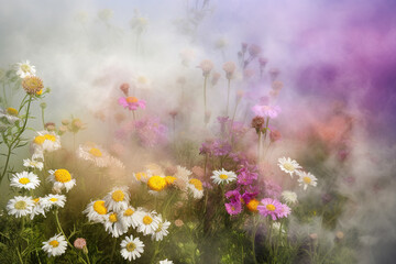 Obraz na płótnie Canvas Fresh Spring field, meadow flowers explode in smoke and mist. Herbal creative concept. Pastel background. Illustration, Generative AI.