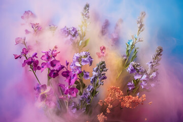 Fototapeta na wymiar Fresh Spring field, meadow flowers explode in smoke and mist. Herbal creative concept. Pastel background. Illustration, Generative AI.