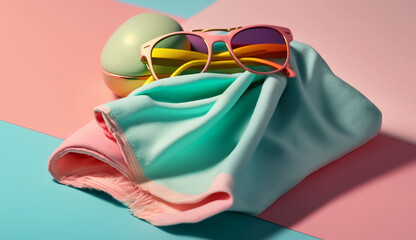 Beach towel and sunglasses in summer concept with Generative AI
