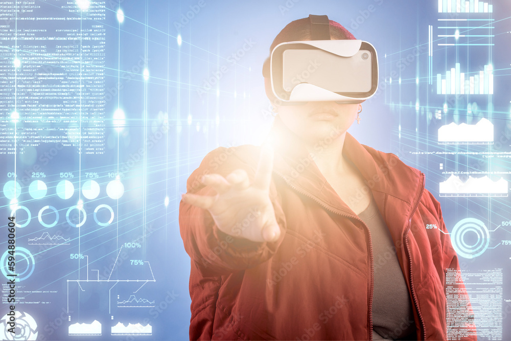 Poster light, woman or virtual reality glasses with overlay for digital transformation, 3d charts or graphs