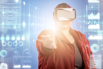 Light, woman or virtual reality glasses with overlay for digital transformation, 3d charts or...