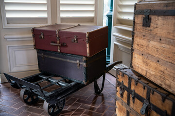 Vintage style brown wooden suitcase.