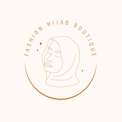 Fashion hijab boutique. Vector logotype design for wear store. Linear muslim woman with closed eyes. Minimalistic trendy illustration.