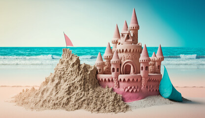 Sandcastle at the beach in summer concept with Generative AI