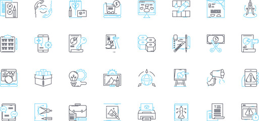 Content creation linear icons set. Creativity, Writing, Design, Blogging, Editing, Strategy, Social media line vector and concept signs. Research,Analytics,SEO outline illustrations