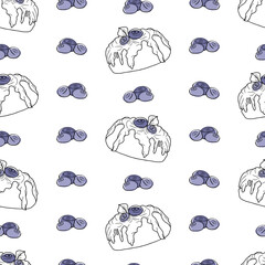 Seamless pattern with blueberry dessert. Doodle hand drawn blueberry cake with cream and berries in a seamless pattern on a white background