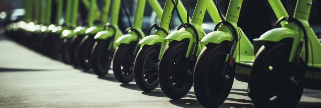City scooter concept. Renting service company. Lime green electric scooters in row. Parkende scooters, vehicle. Commercial fleet. AI image