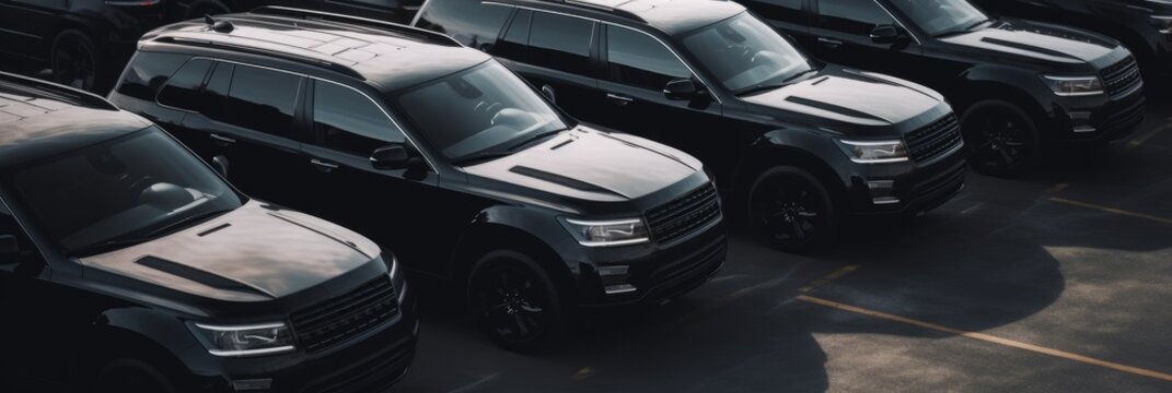 Transporting service company. Black delivery vans in row. Parkende Autos, vehicle. Commercial fleet. AI image