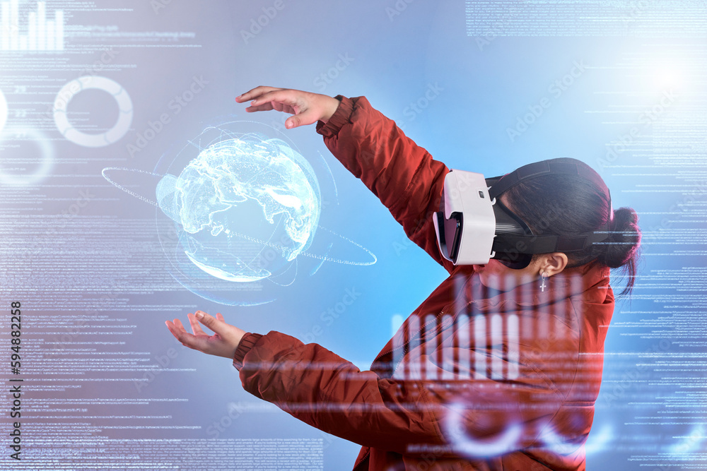 Aufkleber metaverse, globe or woman in virtual reality with overlay for digital transformation, charts or grap