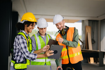  colleagues discussing data working and tablet, laptop with on on architectural project at construction site at desk in office.