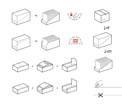 Set of icons for box instructions. Vector elements for infographics. Set of sign for detailed guideline. Ready for your design. EPS10.