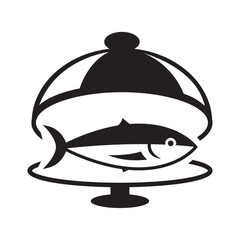 Drawing tunafish in food tray, black seafood symbol illustration on white background.