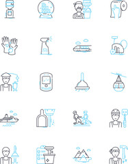 Domestic duties linear icons set. oooking, Cleaning, Laundry, Dishes, Gardening, Ironing, Scrubbing line vector and concept signs. Sweeping, Dusting, Vacuuming outline illustrations