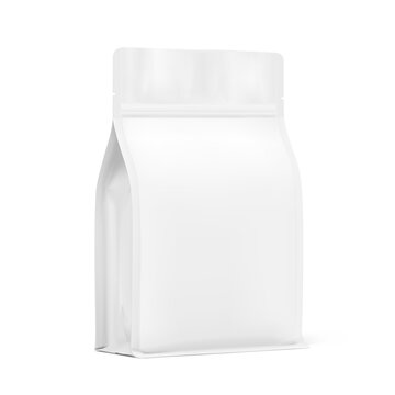 Realistic gusseted with flat bottom bag mockup. Vector illustration isolated on white background. Half side view. Can be use for template your design, presentation, promo, ad. EPS10.