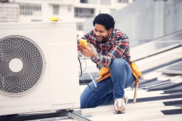 Air conditioner, happy and technician man ac repair, maintenance or inspection of electrical heat pump or generator. Black person, electrician or contractor with electricity, cables check and rooftop - obrazy, fototapety, plakaty
