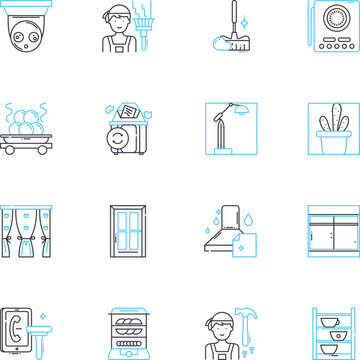 Cabinet linear icons set. Storage, Kitchen, Wood, Design, Furniture, Organizer, Custom line vector and concept signs. White,Pantry,Shelves outline illustrations