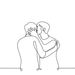 man kissing another man on the cheek or on the lips holding his head - one line drawing vector. gay couple concept, tactile men, friends or brothers