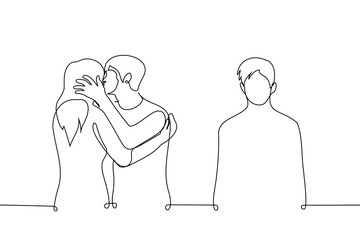 lonely man stands aside while another kisses a woman - one line drawing vector. concept jealousy, envy, betrayal, broken heart, unrequited love