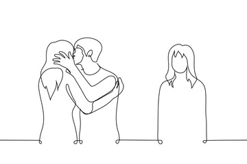 lonely woman standing aside while man kissing woman - one line drawing vector. concept jealousy, envy, betrayal, broken heart