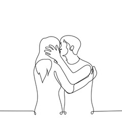 man kissing a woman on the cheek or on the lips - one line drawing vector. concept heterosexual couple kissing, relationship, first kiss, goodbye