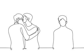 lonely man standing aside while man kissing another man - one line drawing vector. concept slash fantasy, homophobia, jealousy, envy, betrayal, heartbreak