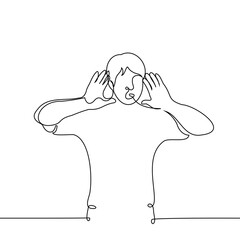 man stands with his palms to his mouth so that him call or scream can be heard better - one line drawing vector. concept cheerleader utters a chant, shout loudly or call
