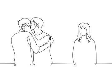 lonely woman standing aside while man kissing another man - one line drawing vector. concept slash fantasy, homophobia, jealousy, envy, betrayal, heartbreak