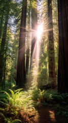 Naklejka premium A dense forest, with immense trees reaching towards the sky. Sunlight filters through the leaves, creating magical light patterns - generative AI