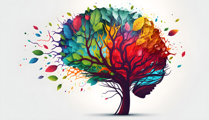 Colorful human brain tree mental health concept illustration black background generative ai