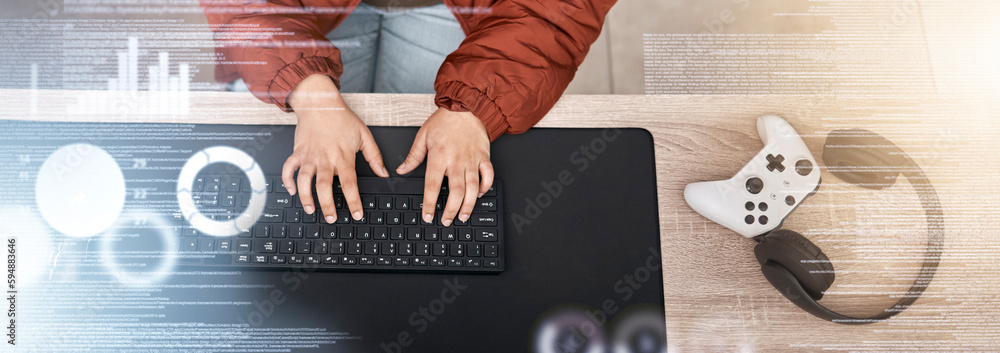 Leinwandbilder Person, gaming hologram or hands typing on keyboard online streaming on digital website at home. Woman, top or gamer playing pc electronics video games or coding on computer database or programming