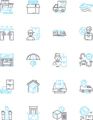 Logistics Movement linear icons set. Shipment, Transportation, Delivery, Cargo, Warehousing, Inventory, Routing line vector and concept signs. Packaging,Freight,Supply chain outline illustrations