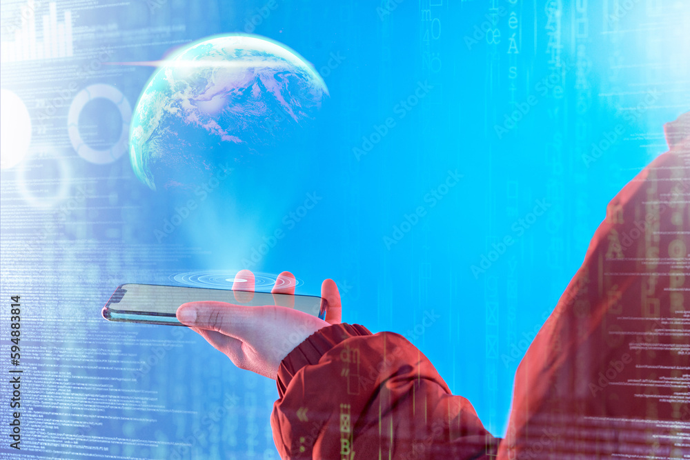 Poster Hand, phone or person with global network overlay for 3d holographic data online or innovation. Globe closeup, mobile app touchscreen ui or hologram ux with hacker searching on iot digital website