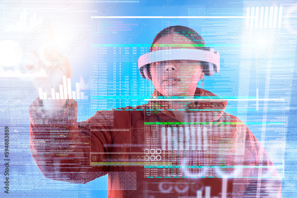 Aufkleber Big data, woman or virtual reality glasses with overlay for digital transformation, charts or graphs online. Hacker with vr headset in holographic cyber 3d technology for iot analytics or future news