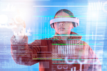 Big data, woman or virtual reality glasses with overlay for digital transformation, charts or graphs online. Hacker with vr headset in holographic cyber 3d technology for iot analytics or future news