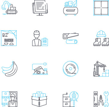Building linear icons set. Construction, Architecture, Foundation, Brickwork, Masonry, Blueprint, Insulation line vector and concept signs. Plumbing,Electrical,Cement outline illustrations